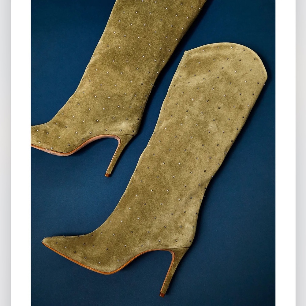 Schutz Olive Green Genuine Leather Embellished Studded Knee High Boots - Picture 9 of 9